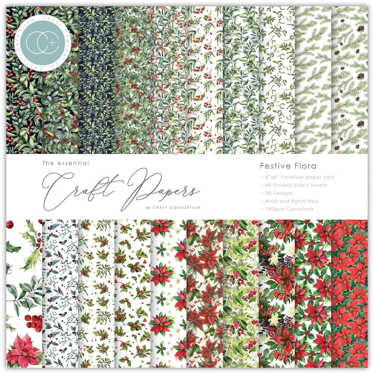 Craft Consortium Festive Flora Double-Sided Paper Pad, 6" x 6"